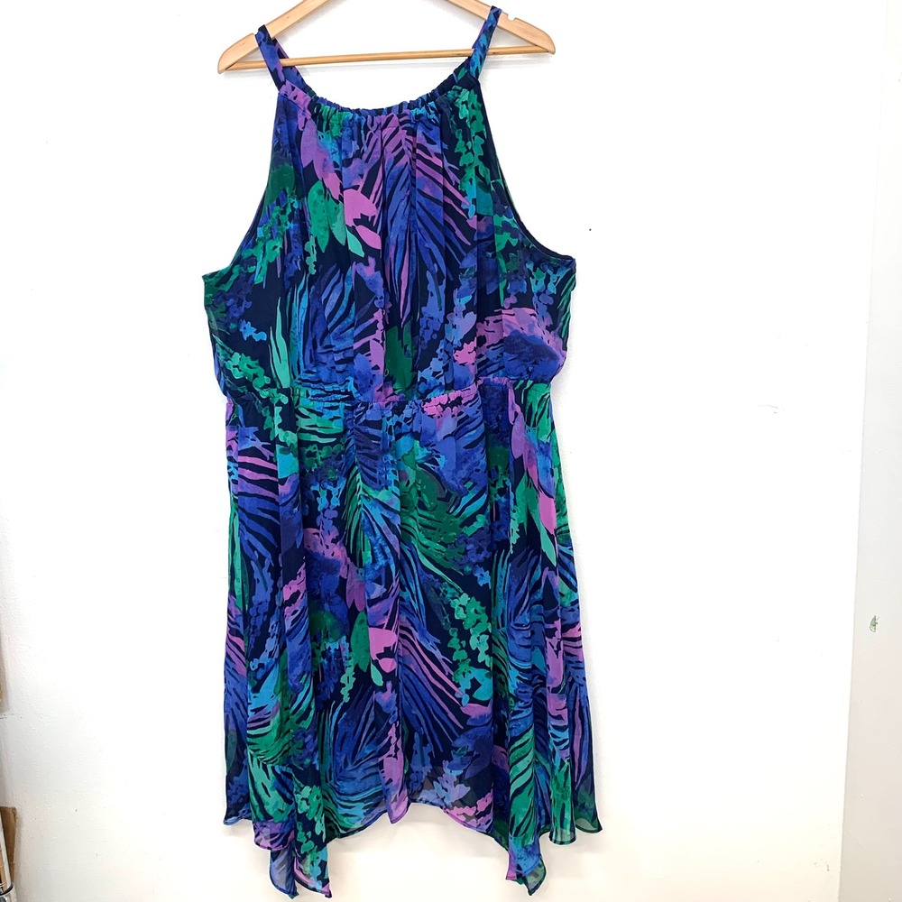 Lane Bryant Tropical Halter Handkerchief Hem Dress Purple Abstract Plus 26/28